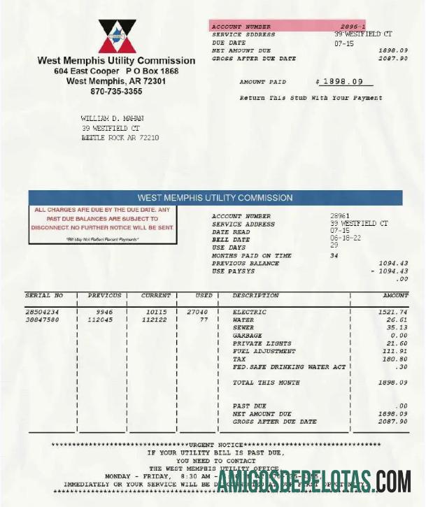 Para baxiar USA WEST MEMPHIS UTILITY COMMISSION Projeto de conta de serviços públicos Word e modelo PDF